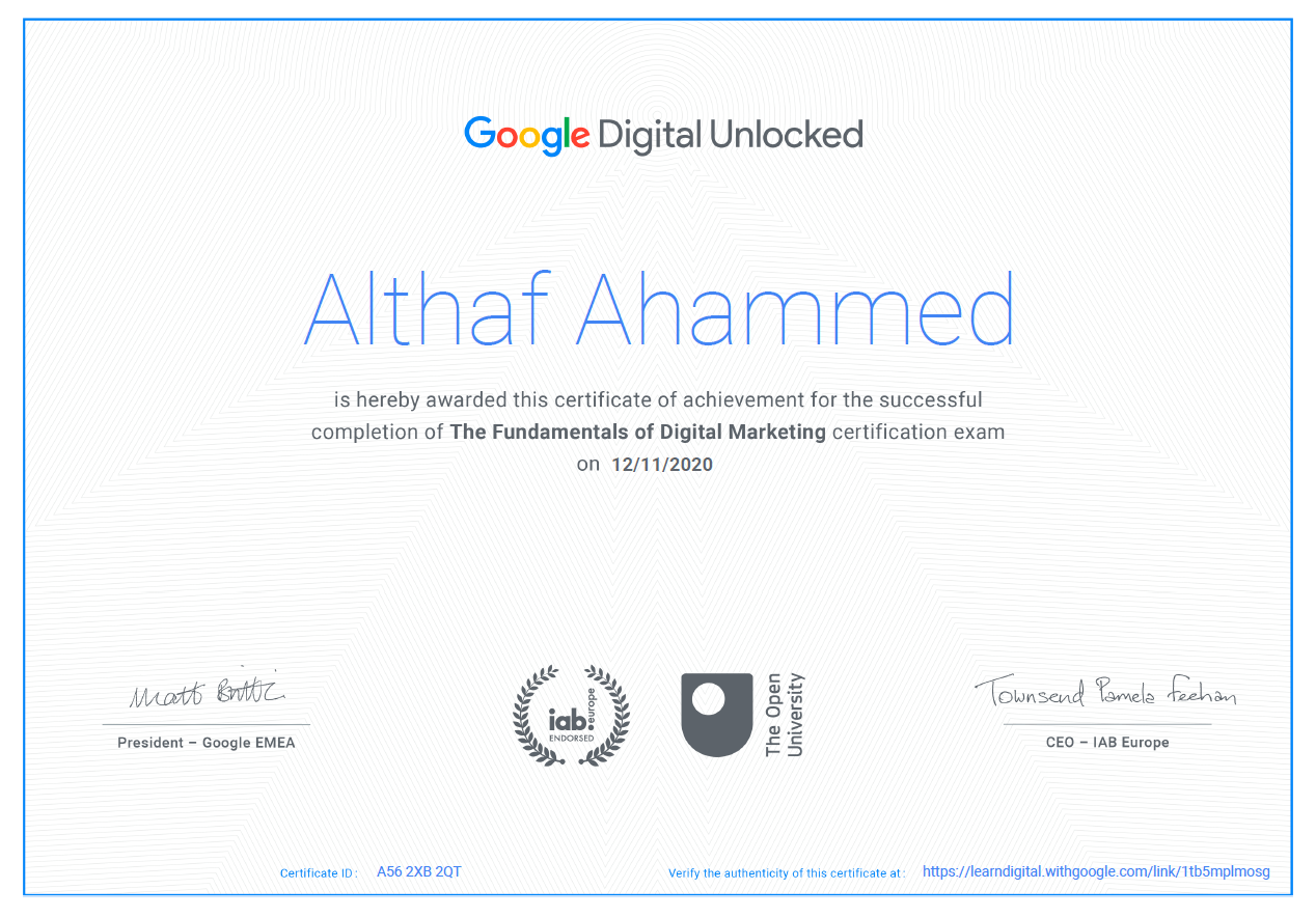 Digital Unlocked- Google Certificate -Althaf Ahammed