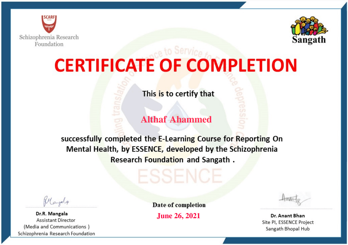 Reporting on Mental Health ESSENCE CERTIFICATE