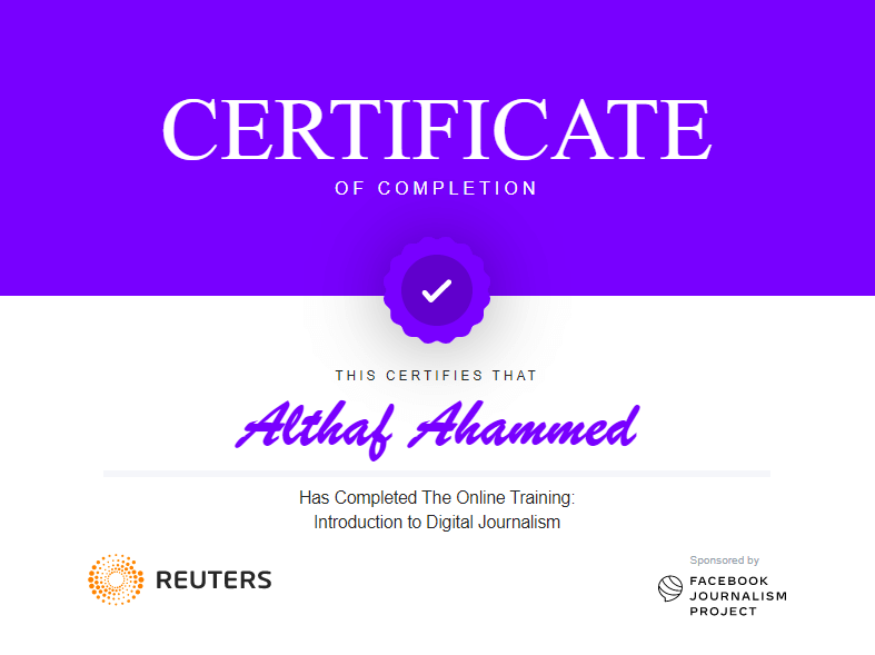 Reuters Certificate in Digital Journalism Althaf Ahammed