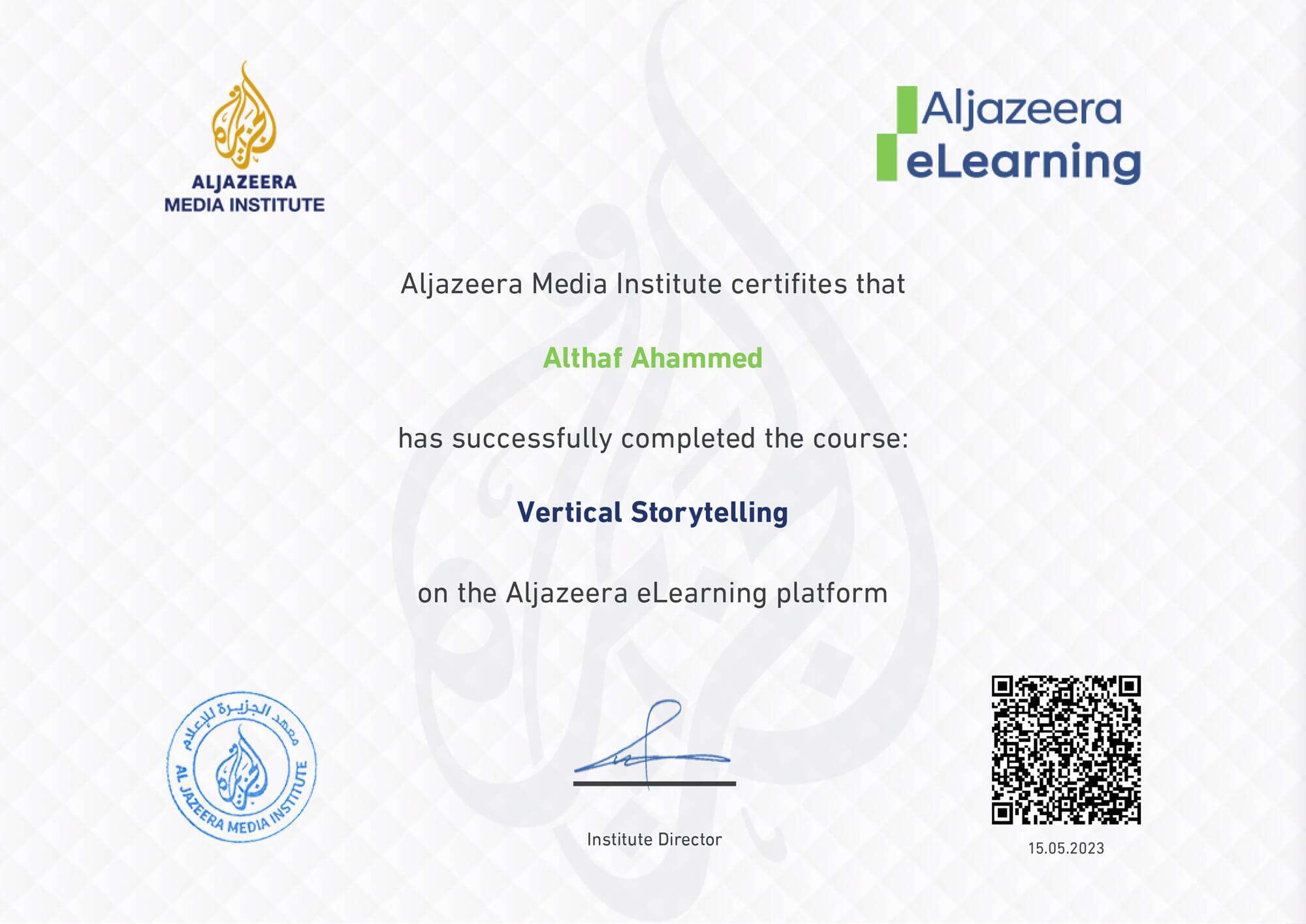 Al Jazeera Media Institute Certificate _Althaf Ahammed