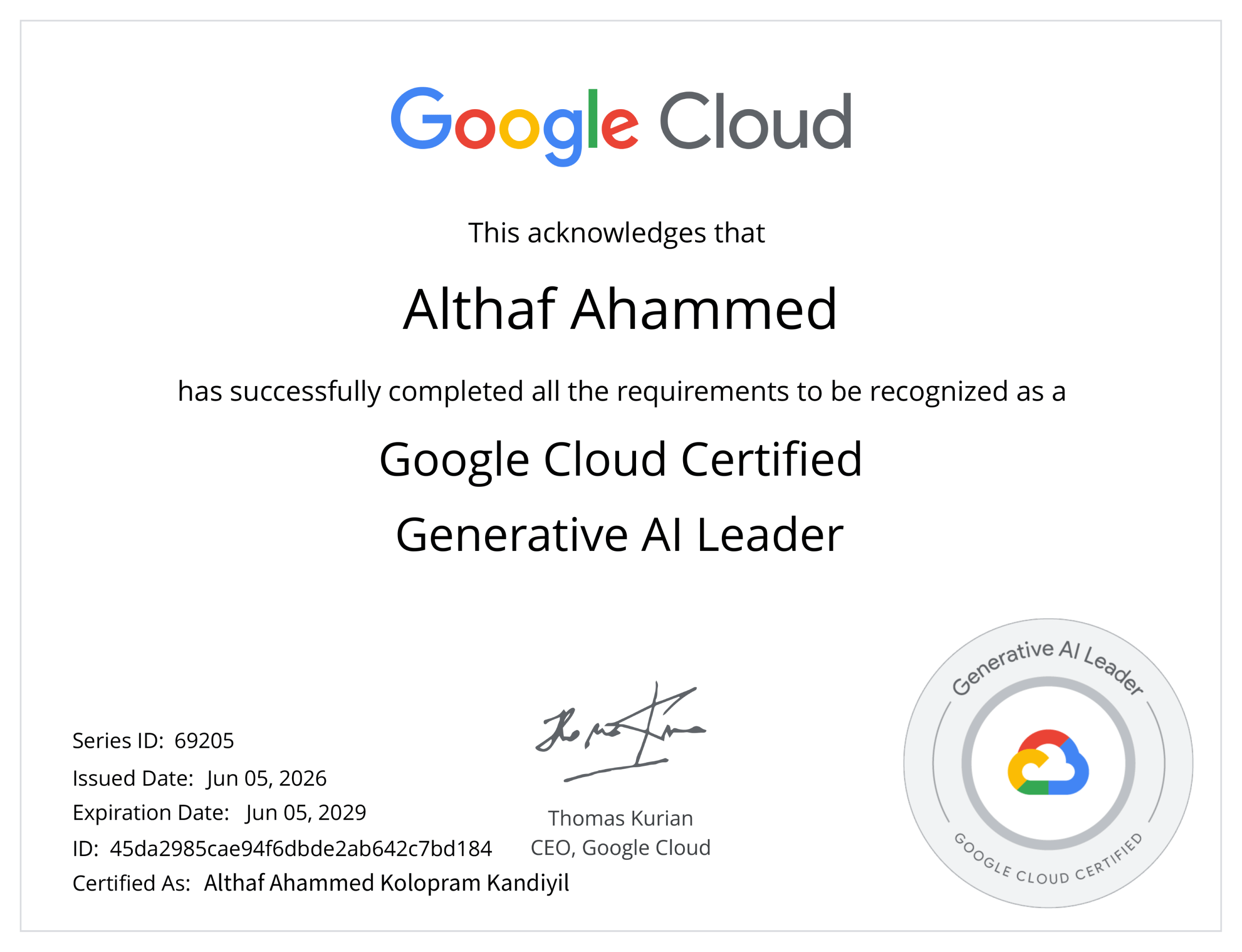 Althaf Ahammed GenerativeAILeader Certificate